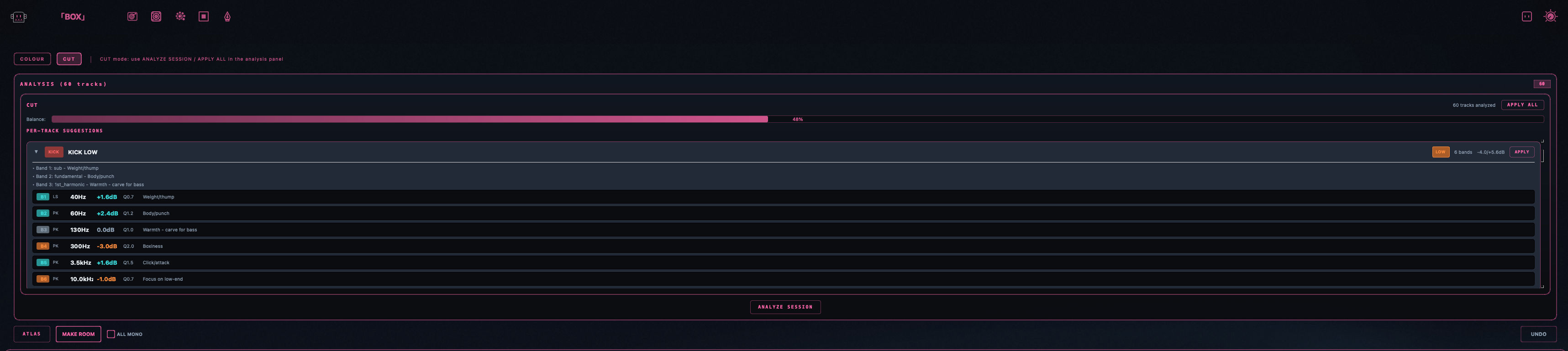 BOX analysis view showing per-track EQ suggestions with 6 bands per track
