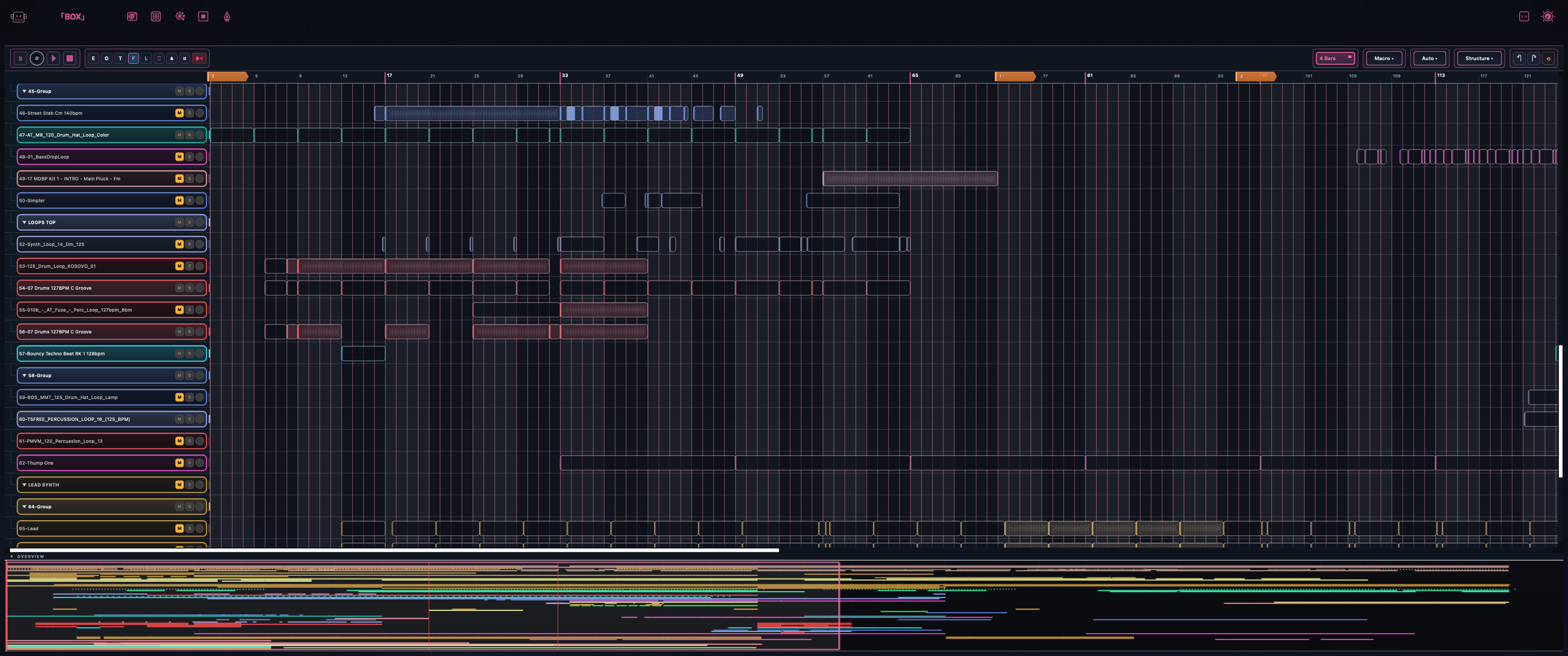 BOX arrangement view showing session timeline with tracks and overview